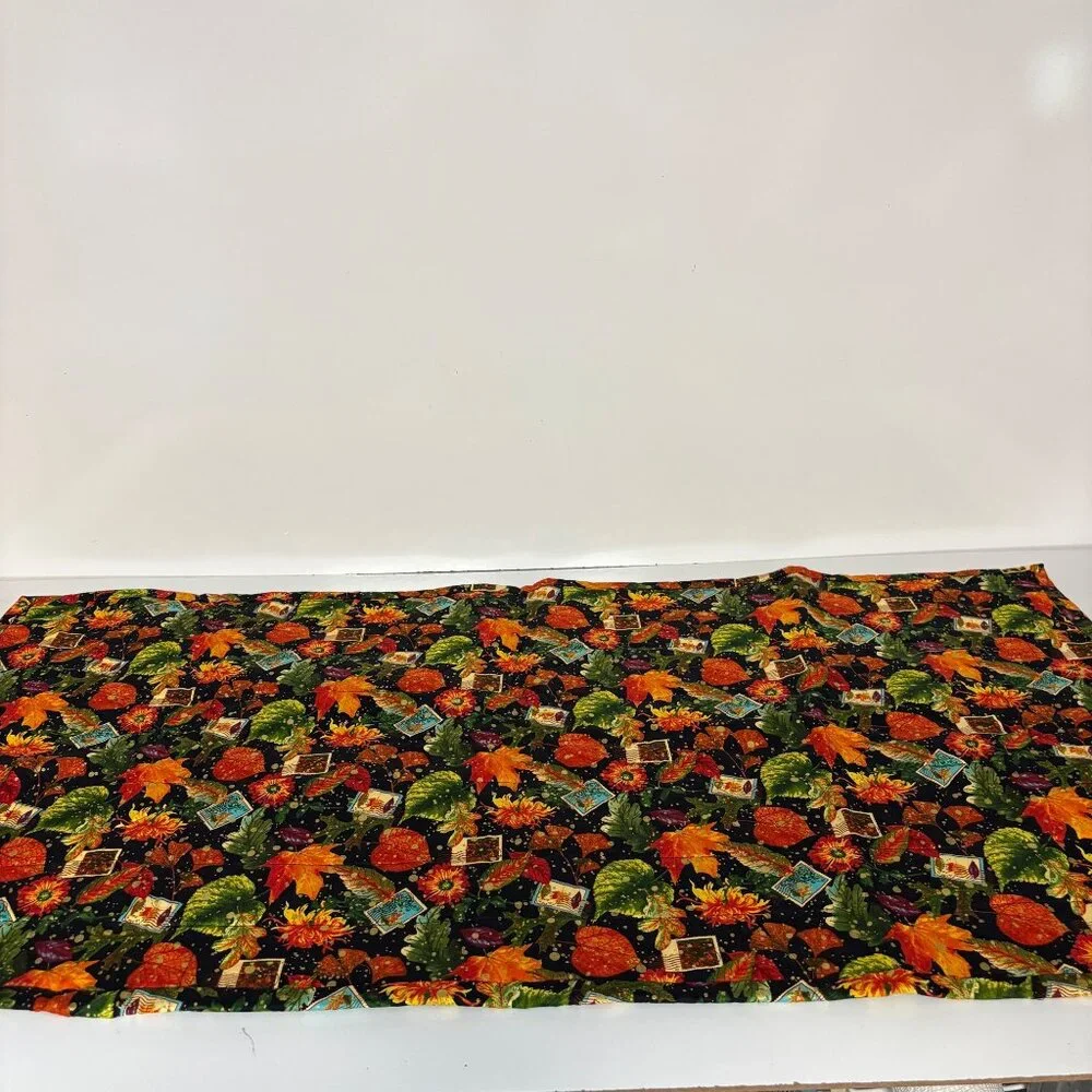 Handmade Autumn Quilted Table Runner Postage Stamp Leaves Black Border 40x20in